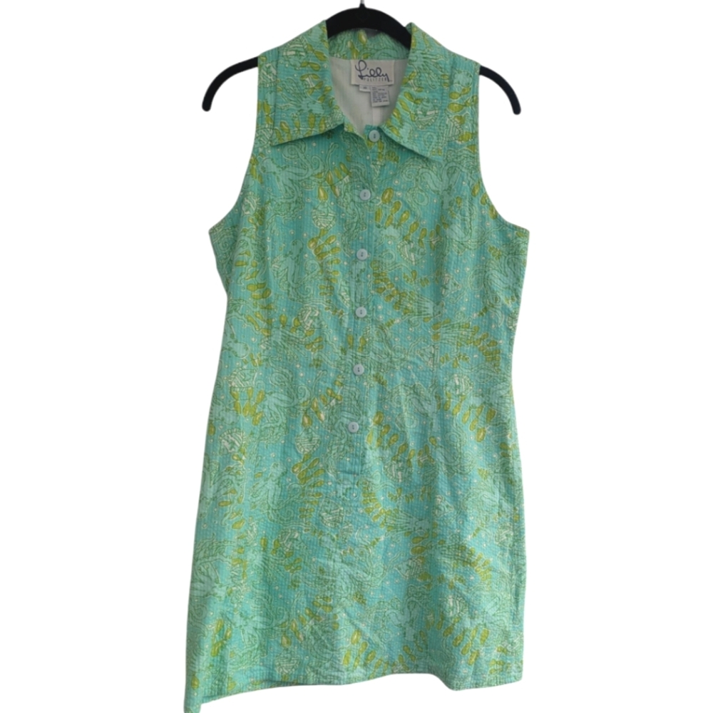 Vintage Lilly Pulitzer Mint Green & Yellow Sleeveless Button-Front Shift Dress